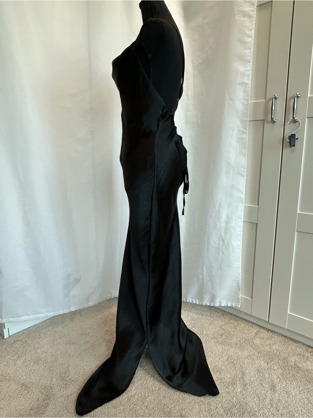 ASOS Design Black Satin Cowl Neck cami Maxi Slip Dress Sz 8 high shine lace up - Picture 5 of 14